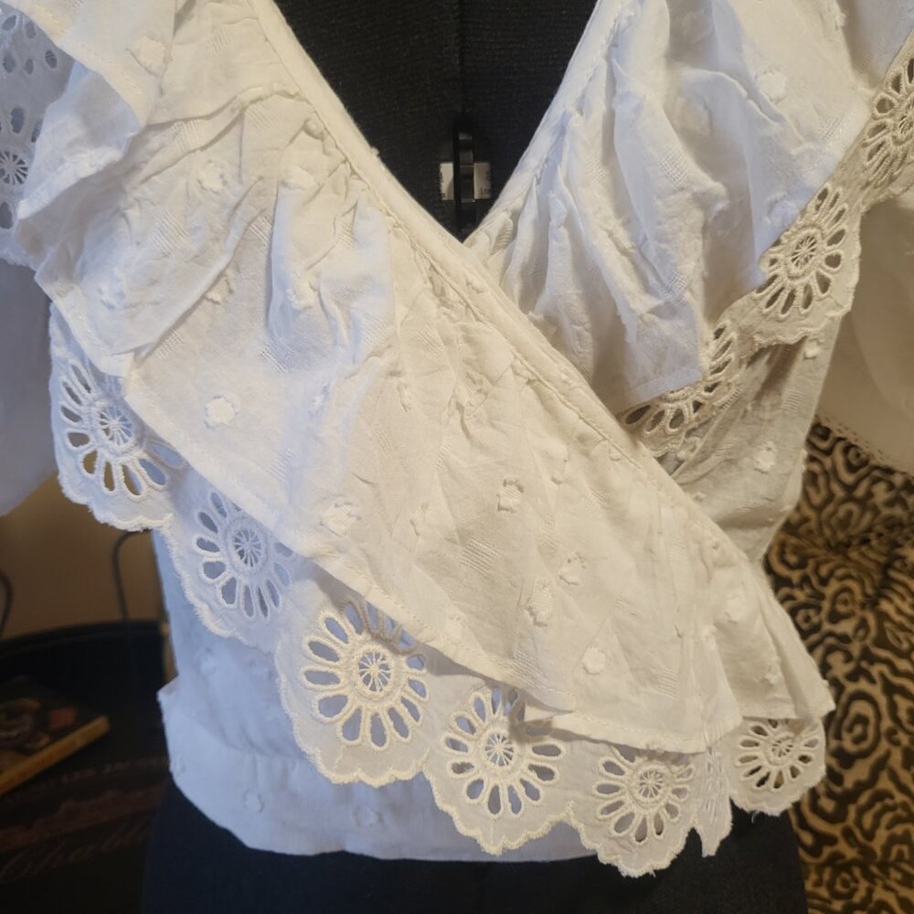 Anthropologie White Lace Wrap Top - Picture 3 of 9